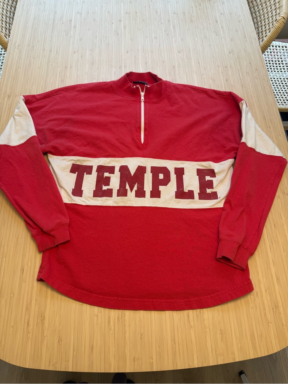 Spirit Jersey Temple Owls QuarterZip Sweatshirt with Cream Panel and TEMPLE Logo